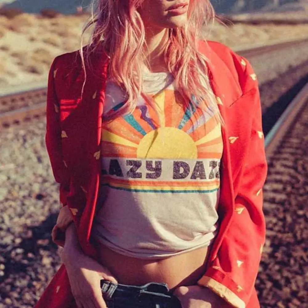 Retro Rainbow Rays Lazy Daze Boho Graphic Tee - Picture 3 of 8
